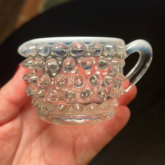 VTG Fenton Glass White Opalescent Hobnail Moonstone Mini Cream & Sugar Bowl Set - Picture 7 of 11